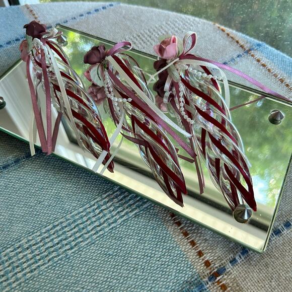 Set of 3 Vintage Glass Icicle Ornaments with Ribbons & Roses, 6” Spiral Ornament - Picture 11 of 13